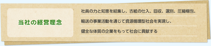 当社の経営理念　社員の力と知恵を結集し、古紙の仕入、回収、選別、圧縮梱包、輸送の事業活動を通じて資源循環型社会を実現し、健全な体質の企業をもって社会に貢献する