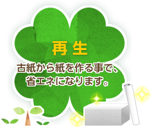 再生　古紙から紙を作る事で、省エネになります。